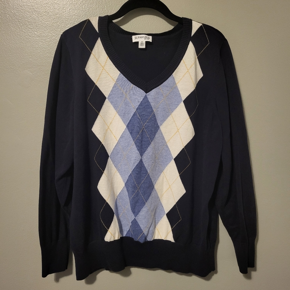 Size 1X St. John's Bay Navy/White/Blue/Yellow Argyle Sweater